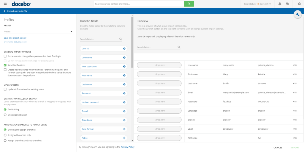 Importing users via CSV in Docebo LMS