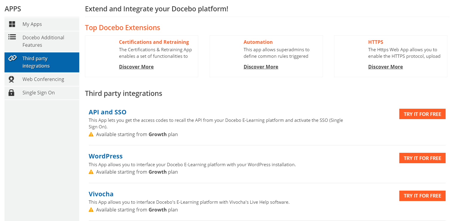 Integrations in Docebo LMS