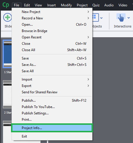 Project info in Adobe Captivate