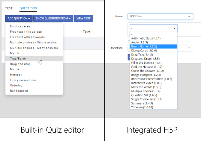 Integration with H5P and quiz editor in eFront LMS