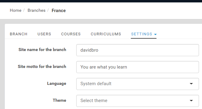 Setting branches in eFront LMS