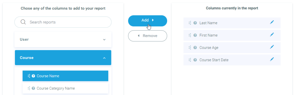 Selection from the available User/Course data fields