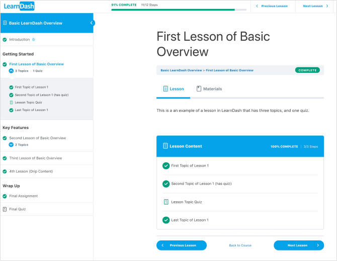 A screenshot of LearnDash, a learning platform and course builder