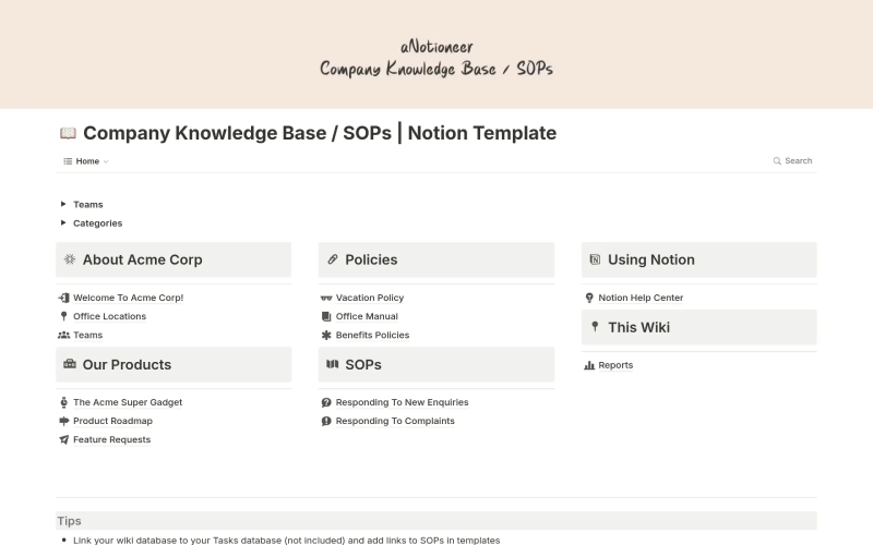 Notion knowledge base template for manufacturing companies