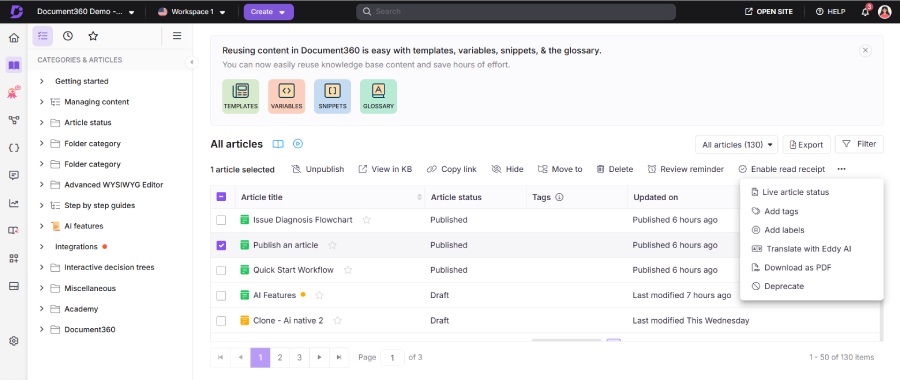 Document360 knowledge base articles
