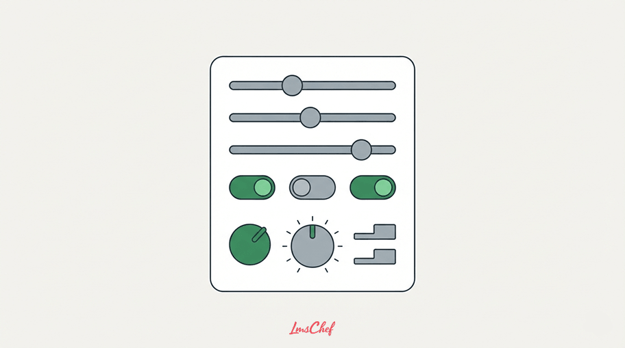 A control panel of sliders, toggles and a dial set to different positions, representing configuration rather than development.