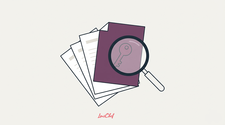 A magnifying glass over a stack of contract documents, with one lifted card marked by a key.