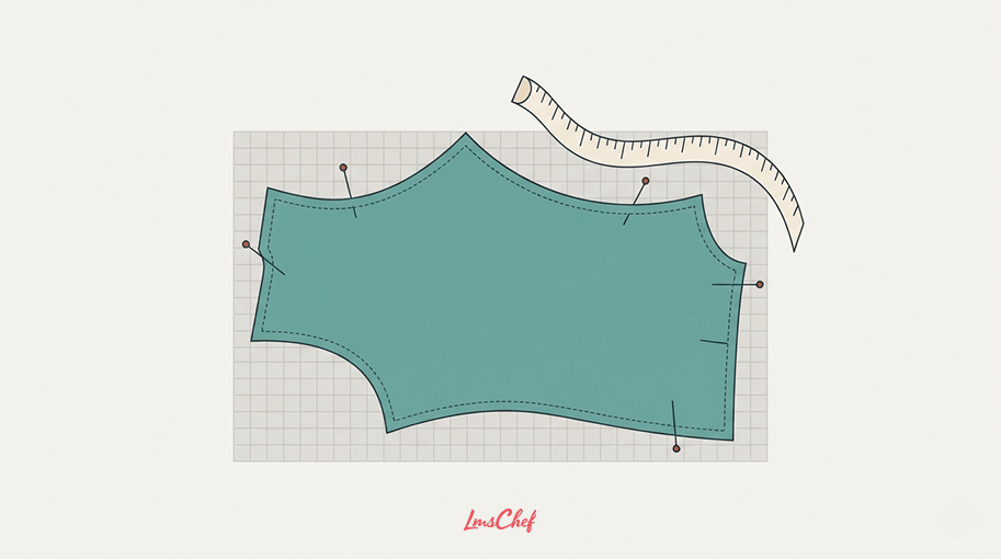 A bespoke tailor's cutting pattern with an irregular outline, representing software built to fit one organisation.