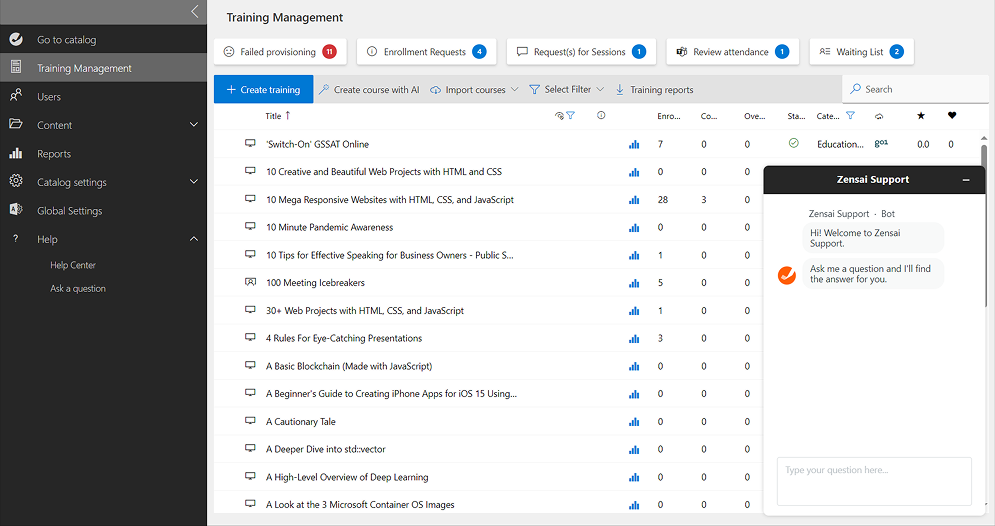 Zensai LMS interface