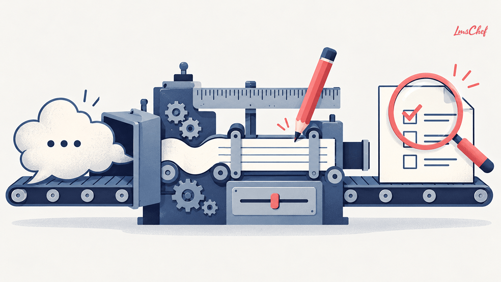 Machine transforming a vague speech bubble into a verified document